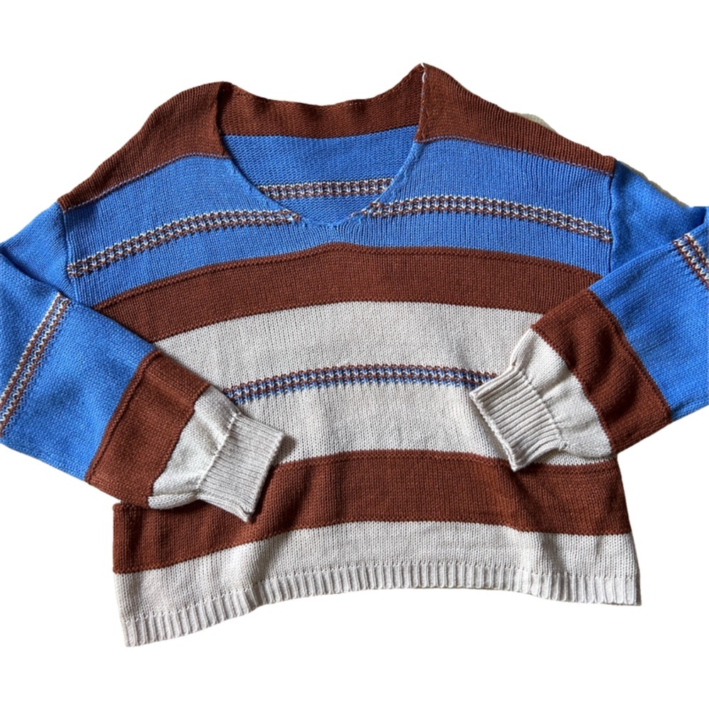 Women’s chunky oversized Striped Sweater - Blue, Brown, and White size XL